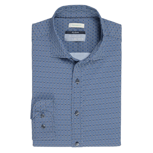 Tailored fit, blue patterned dress shirt by J.S. Bank, featuring CoolMax technology for moisture-wicking comfort.