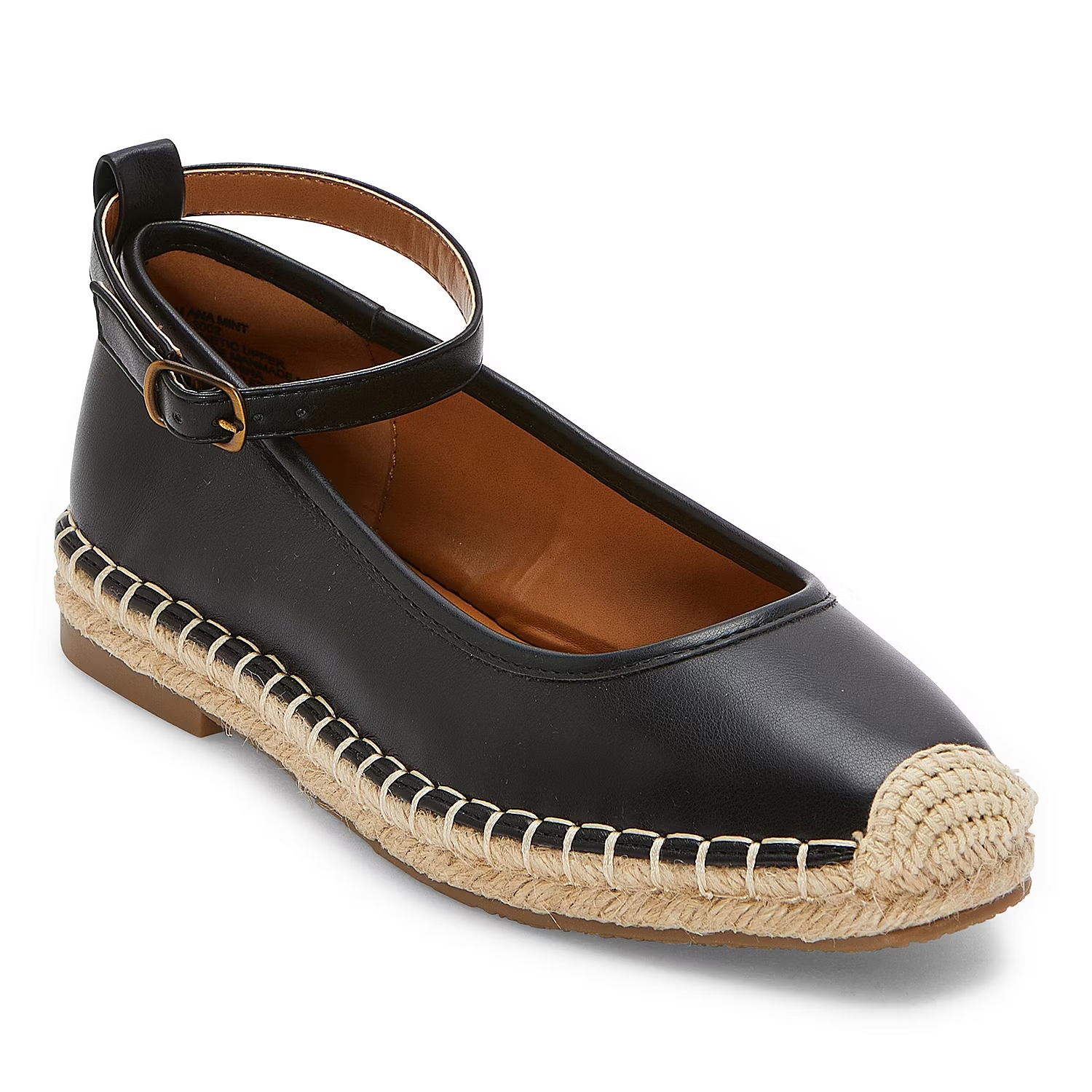 Black ankle-strap espadrille with a braided jute sole.