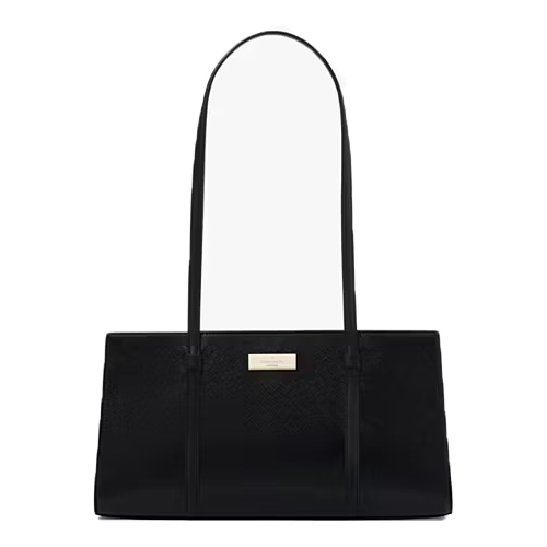 A black Kate Spade Kenzie shoulder bag with a long strap, a rectangular shape, and the brand's logo on a metallic plaque at the center front.