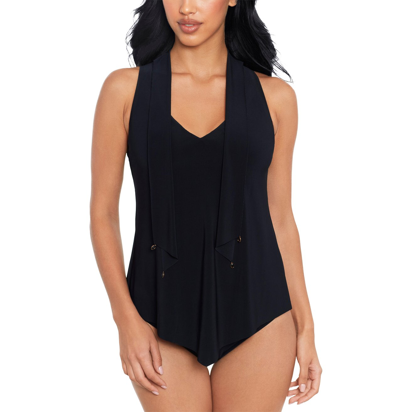 A black sleeveless top with a deep V-neck and long scarf-like ties with metallic accents, worn over briefs.