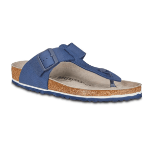 Blue sandal with a buckle strap, cork footbed, and textured sole.