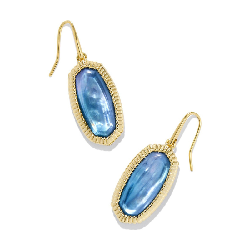 14K gold drop earrings featuring an elongated, oval frame with a textured edge, highlighting a glossy blue stone in the center.