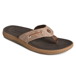 Brown flip-flop sandal with a textured footbed and leather strap featuring metal eyelets, designed for casual wear.