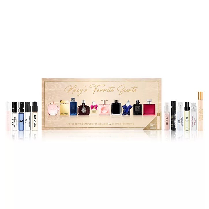 Macy's 11-piece His & Hers Fragrance Sampler includes a variety of mini perfume and cologne vials. It features popular scents for both men and women, ideal for sampling diverse fragrances.