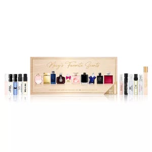 Macy's 11-piece His & Hers Fragrance Sampler includes a variety of mini perfume and cologne vials. It features popular scents for both men and women, ideal for sampling diverse fragrances.