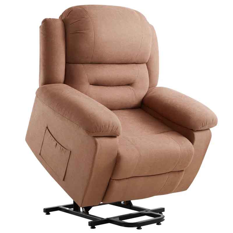 A brown power-lift recliner with padded arms and backrest, featuring a remote control for easy adjustment, and side pocket for storage, on a black base.