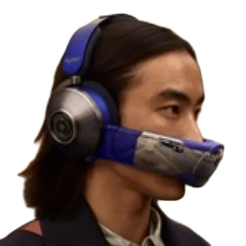 Over-ear headphones with an integrated visor-like air filter attachment covering the mouth, designed for simultaneous audio listening and air purification.