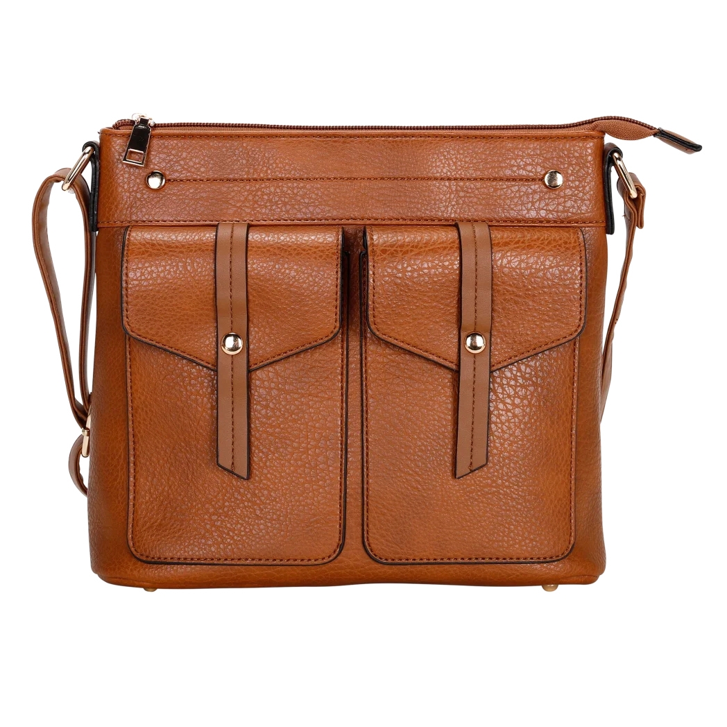 Brown leather crossbody bag with two front pockets, zipper closure, and adjustable shoulder strap.