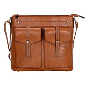 Brown leather crossbody bag with two front pockets, zipper closure, and adjustable shoulder strap.