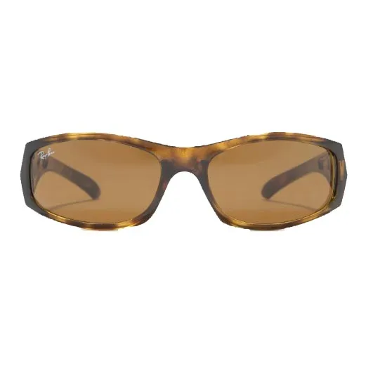 Brown tortoiseshell sunglasses with rectangular lenses and Ray-Ban branding on the side.