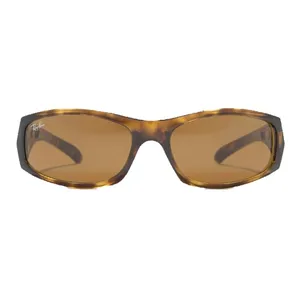 Brown tortoiseshell sunglasses with rectangular lenses and Ray-Ban branding on the side.