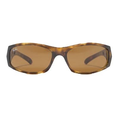 Brown tortoiseshell sunglasses with rectangular lenses and Ray-Ban branding on the side.