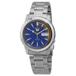 A Seiko automatic watch with a steel bracelet and a blue dial displaying the date and day of the week.