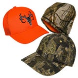 Three hunting hats: an orange cap with a black deer logo, a camouflage baseball cap with an embroidered design, and a camouflage beanie.