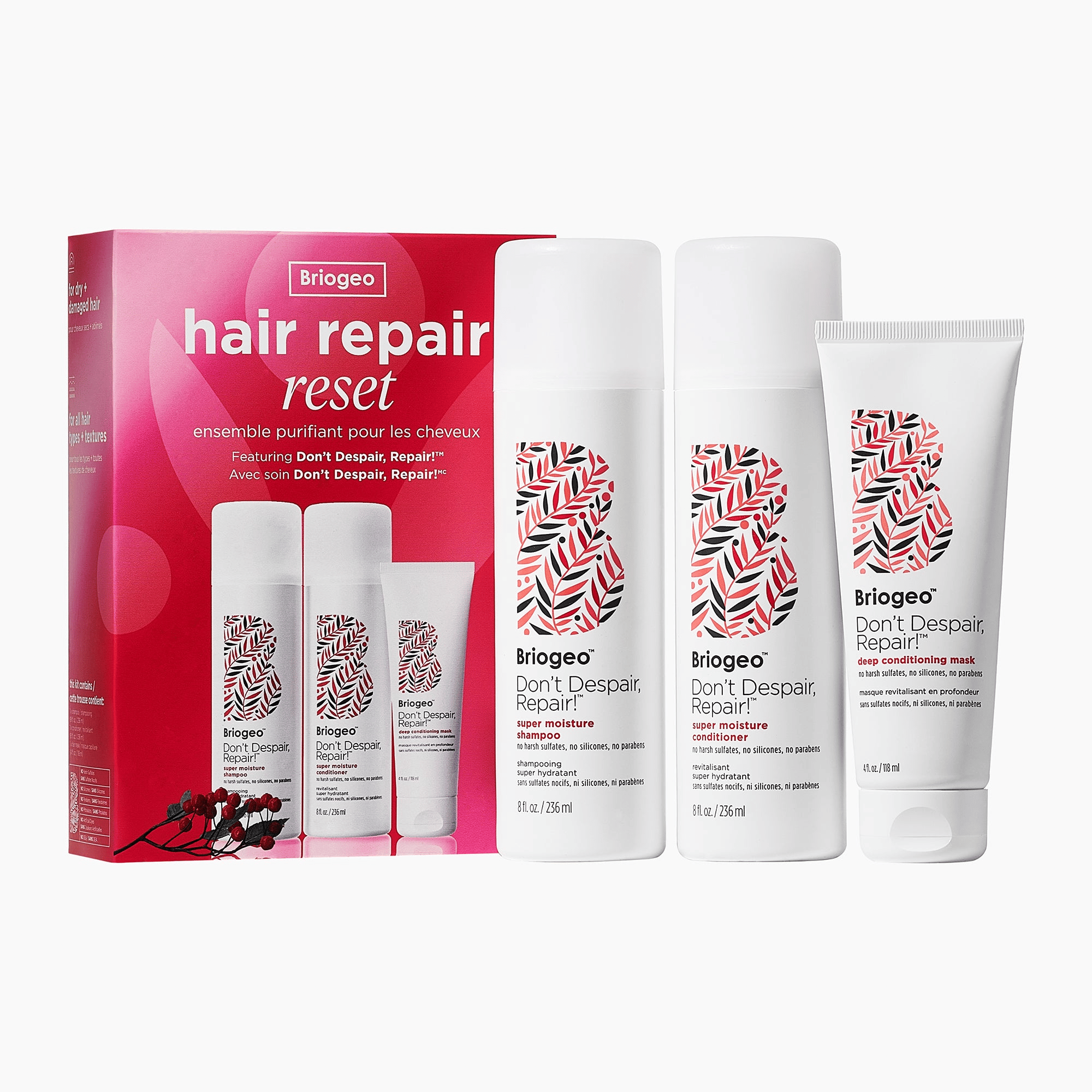 Briogeo Hair Repair Reset set includes Don't Despair, Repair! Super Moisture Shampoo (8 fl. oz.), Super Moisture Conditioner (8 fl. oz.), and Deep Conditioning Mask (4 fl. oz.).