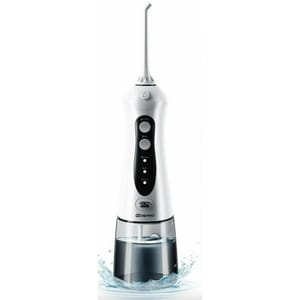 Cordless water flosser with a slender design, featuring an on/off button, mode selection, and adjustable pressure settings (Normal, Soft, Pulse). It has a water reservoir at the bottom, designed for easy oral care.
