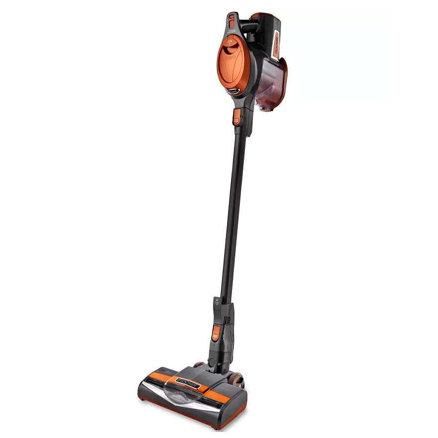 This is a corded stick vacuum designed for pet hair, featuring a slim profile with an orange and black color scheme and a motorized brush head.