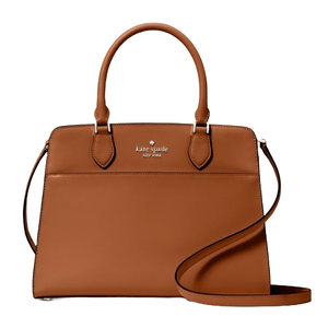 A tan Kate Spade medium leather satchel features a structured design with dual handles, a detachable shoulder strap, and the brand logo on the front.