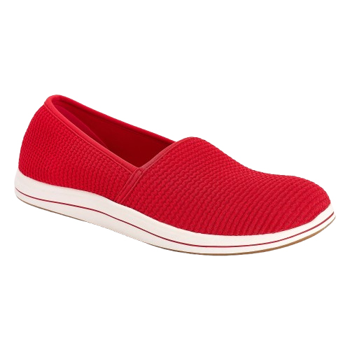 Red Clarks Cloudsteppers Slip-Ons with a textured design, low-profile silhouette, and white rubber sole featuring a thin red stripe.