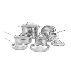 A stainless steel cookware set with various pots and pans, including saucepans, frying pans, a stockpot, and a steamer insert, some with matching lids.