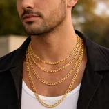 A man wears multiple gold chain necklaces of varying lengths with a white tank top and a dark jacket.