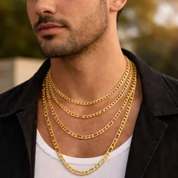 A man wears multiple gold chain necklaces of varying lengths with a white tank top and a dark jacket.