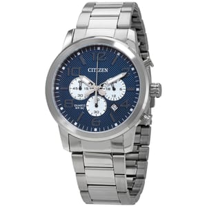 A silver-toned stainless steel wristwatch with a blue dial featuring multiple subdials and a date window.