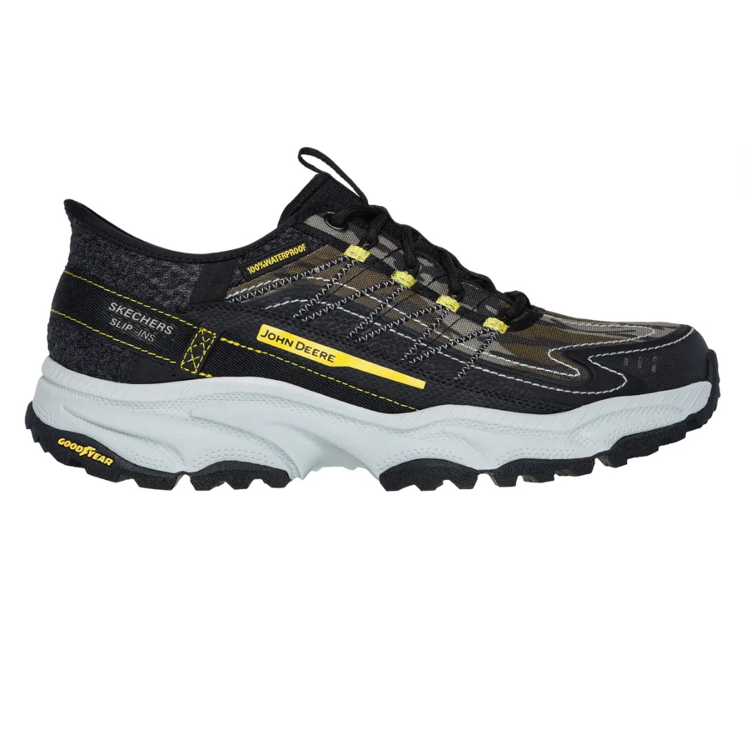 Skechers John Deere shoes feature a black design with yellow accents, slip-in convenience, waterproof material, and Goodyear soles for enhanced grip. They combine sporty aesthetics with practical functionality.