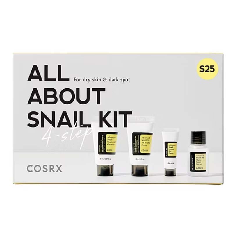 COSRX \“All About Snail Kit\“ includes a 4-step skincare set for dry skin and dark spots, priced at $25, featuring Advanced Snail Mucin Gel Cleanser, Advanced Snail 92 All in One Cream, Advanced Snail Peptide Eye Cream, and Advanced Snail Radiance Dual Essence.