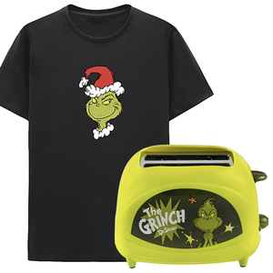 Black T-shirt with the Grinch in a Santa hat and a green toaster featuring the Grinch from Dr. Seuss.