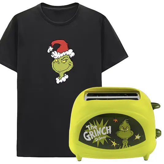 Black T-shirt with the Grinch in a Santa hat and a green toaster featuring the Grinch from Dr. Seuss.