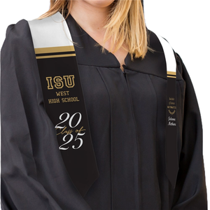Custom graduation stoles featuring \“ISU West High School,\“ \“Class of 2025\“ on one side, and \“Bachelor of Science Mathematics\“ with a name on the other, in black, white, and gold colors.