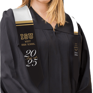 Custom graduation stoles featuring \“ISU West High School,\“ \“Class of 2025\“ on one side, and \“Bachelor of Science Mathematics\“ with a name on the other, in black, white, and gold colors.