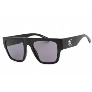 Black rectangular sunglasses with a thick frame and purple-tinted lenses, featuring a \“cK\“ logo on the temples.