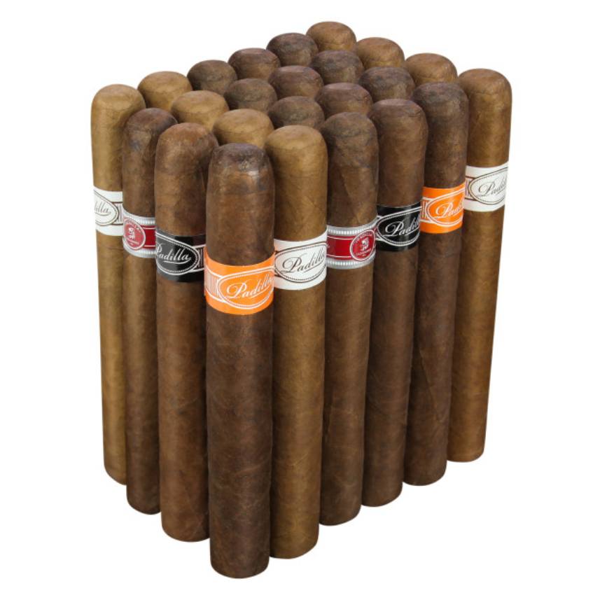 A bundle of 24 cigars with Padilla branded bands in shades of white, orange, and black are arranged vertically.