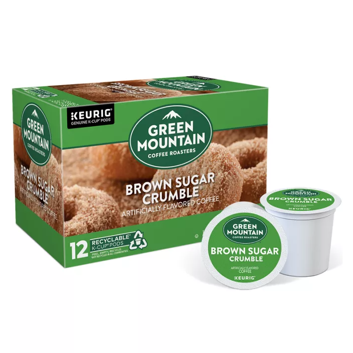 Green Mountain Coffee Roasters Brown Sugar Crumble K-Cups, 12 count, offers artificially flavored coffee pods for Keurig machines. The packaging is green with images of a brown sugar crumble.