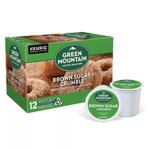 Green Mountain Coffee Roasters Brown Sugar Crumble K-Cups, 12 count, offers artificially flavored coffee pods for Keurig machines. The packaging is green with images of a brown sugar crumble.