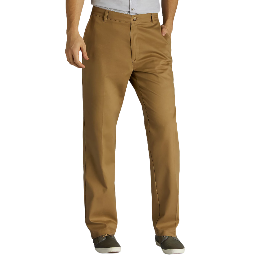 Brown straight-leg trousers with side pockets, button closure, and paired with gray canvas shoes.