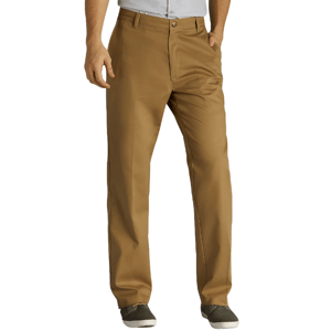 Brown straight-leg trousers with side pockets, button closure, and paired with gray canvas shoes.