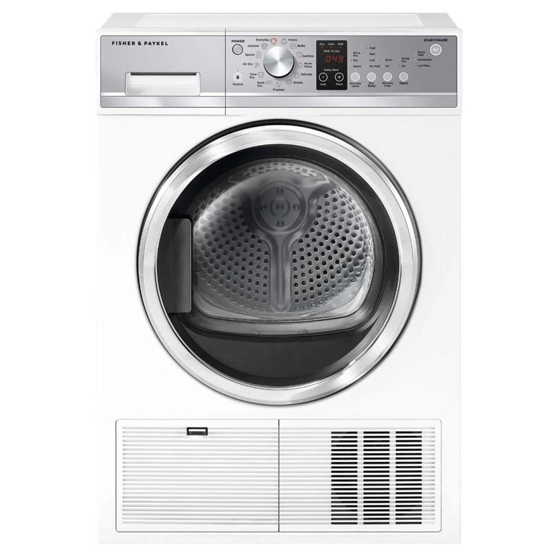 A Fisher & Paykel front-loading dryer with a silver control panel, circular door, and digital display panel.