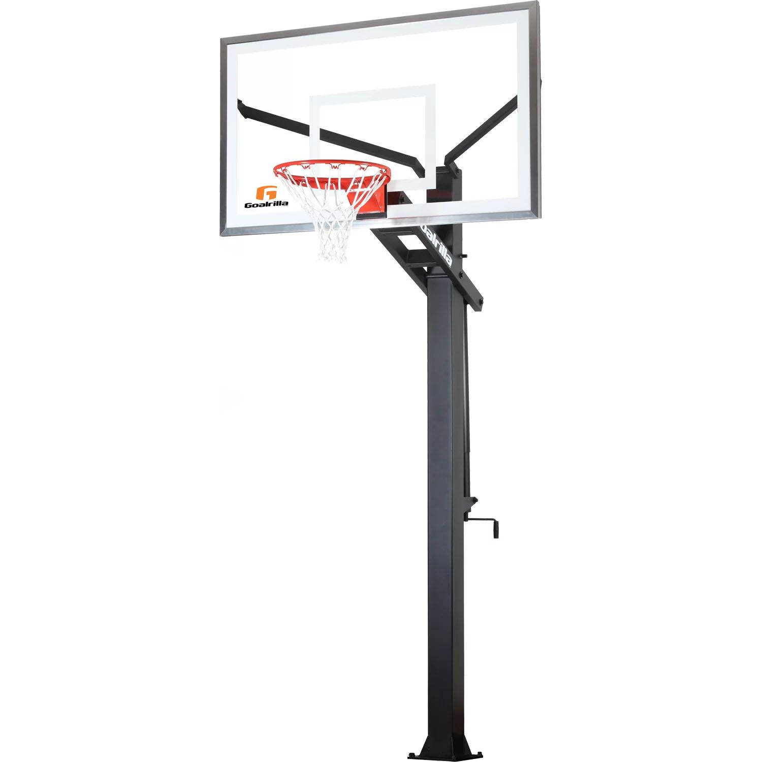 A basketball hoop system with a clear backboard, red rim, white net, and a black pole featuring an adjustable mechanism for height modification.