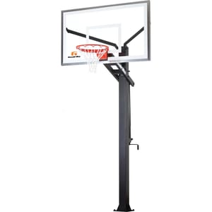A basketball hoop system with a clear backboard, red rim, white net, and a black pole featuring an adjustable mechanism for height modification.