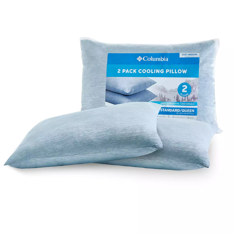 Columbia 2 Pack Cooling Pillow set, featuring soft-medium density for cool, supportive comfort in standard/queen size.
