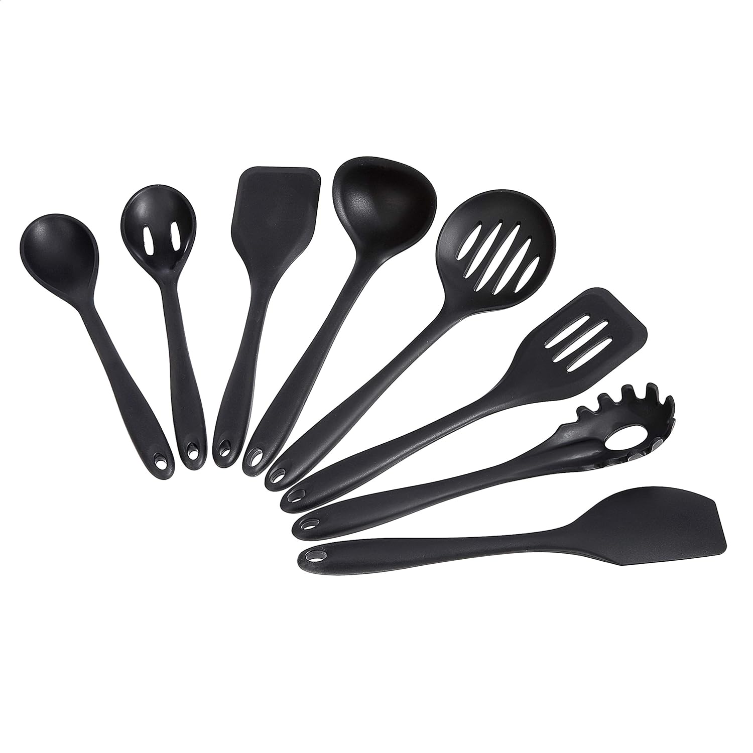 A set of black kitchen utensils, including spoons, spatulas, and a ladle displayed on a white background.