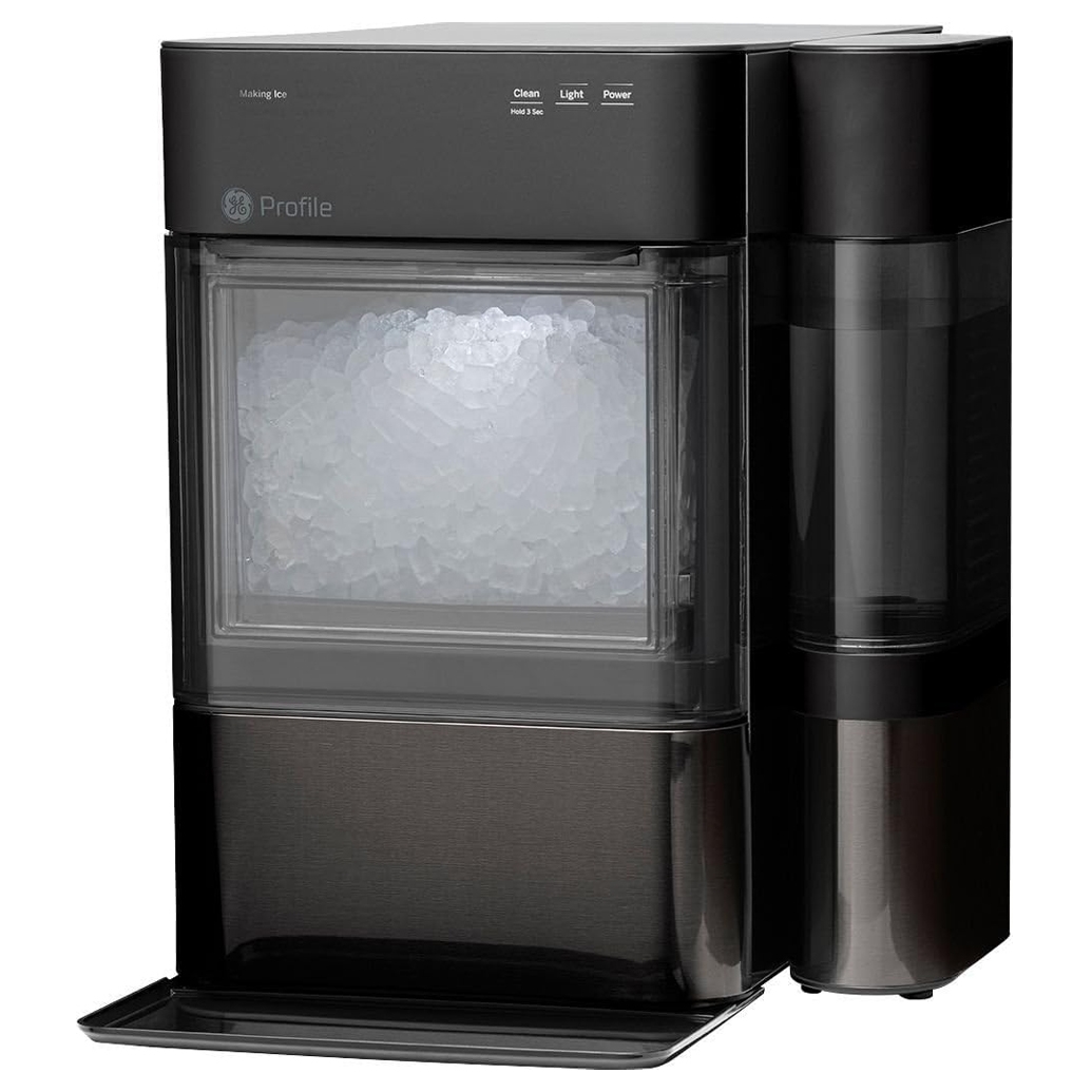 GE Profile ice maker, black finish, produces nugget ice. LED indicators for clean, light, and power.