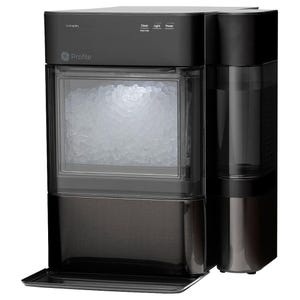 GE Profile ice maker, black finish, produces nugget ice. LED indicators for clean, light, and power.