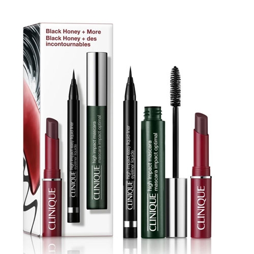 Clinique 3pc Makeup Set includes a High Impact™ Mascara, Quickliner™ For Eyes Intense, and Almost Lipstick in Black Honey. It's presented in a box featuring the text \“Black Honey + More, Black Honey + des incontournables.\“