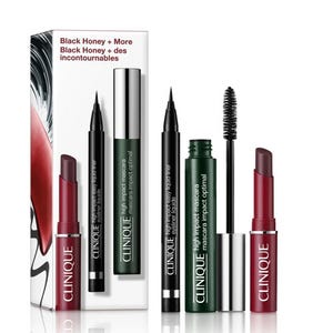 Clinique 3pc Makeup Set includes a High Impact™ Mascara, Quickliner™ For Eyes Intense, and Almost Lipstick in Black Honey. It's presented in a box featuring the text \“Black Honey + More, Black Honey + des incontournables.\“
