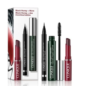Clinique 3pc Makeup Set includes a High Impact™ Mascara, Quickliner™ For Eyes Intense, and Almost Lipstick in Black Honey. It's presented in a box featuring the text \“Black Honey + More, Black Honey + des incontournables.\“