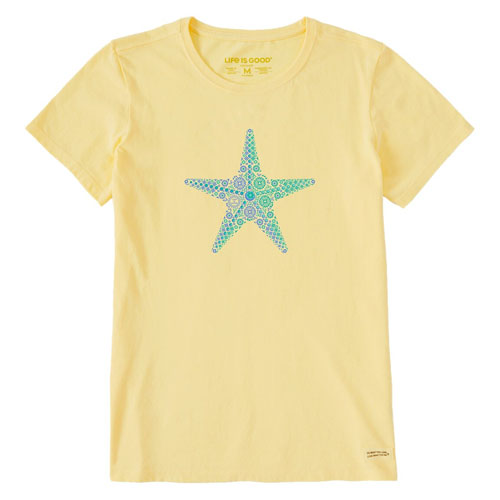 Yellow T-shirt featuring a blue and green starfish design composed of various intricate patterns.